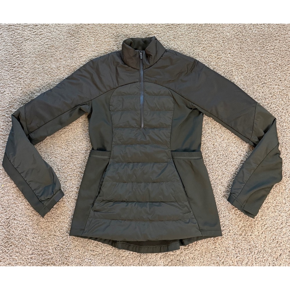 Lululemon Down For It All Pullover Jacket Dark Olive Green Size 8 Running Coat